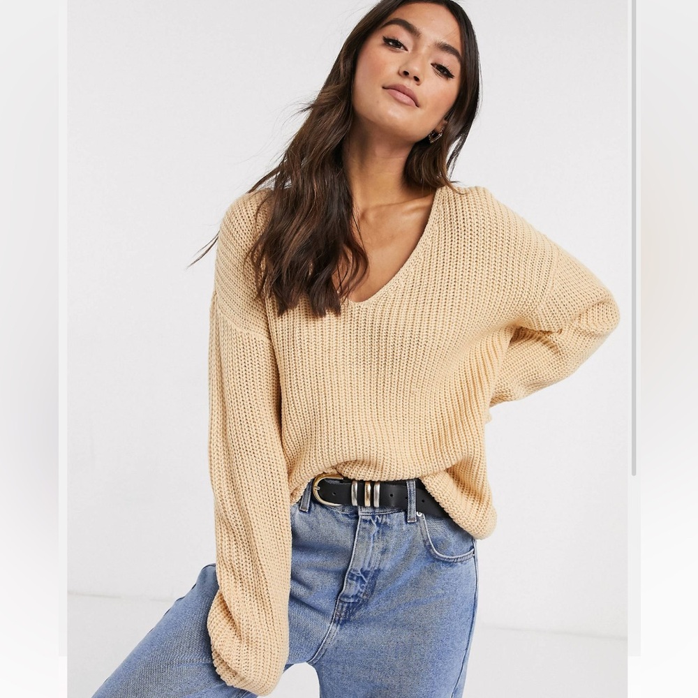 BRAVE SOUL Long Sleeve Oversized V neck Ribbed Knit Sweater in butter yellow